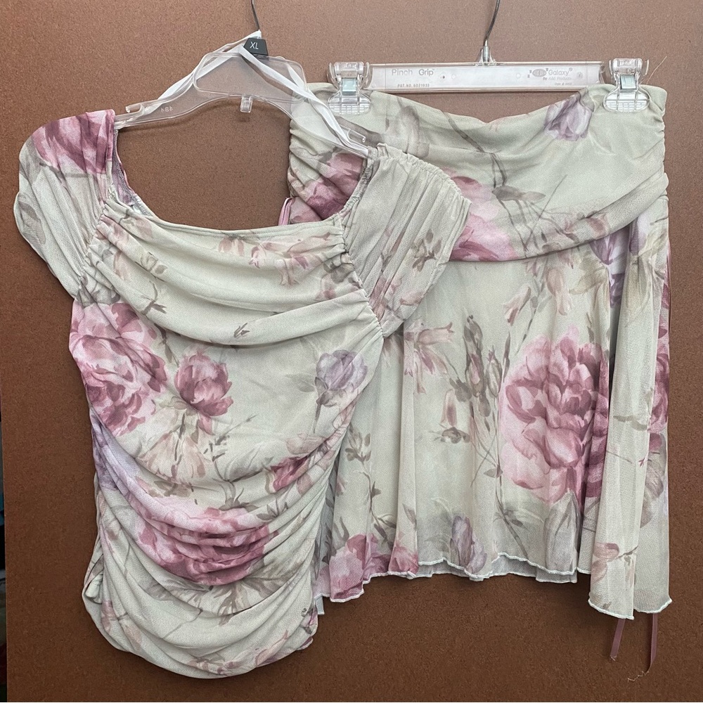 One Heart Top & Skirt Matching Set Girls Vintage Floral Print Y2K